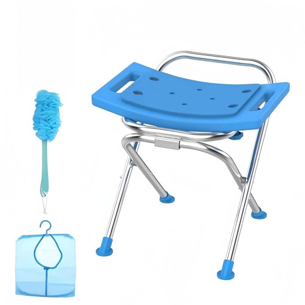 Numhew 17.5 in. Stainless Steel Folding Shower Chair with Pad for Inside Shower, Safety Anti-Slip Bath Chair for Seniors, Blue (1)