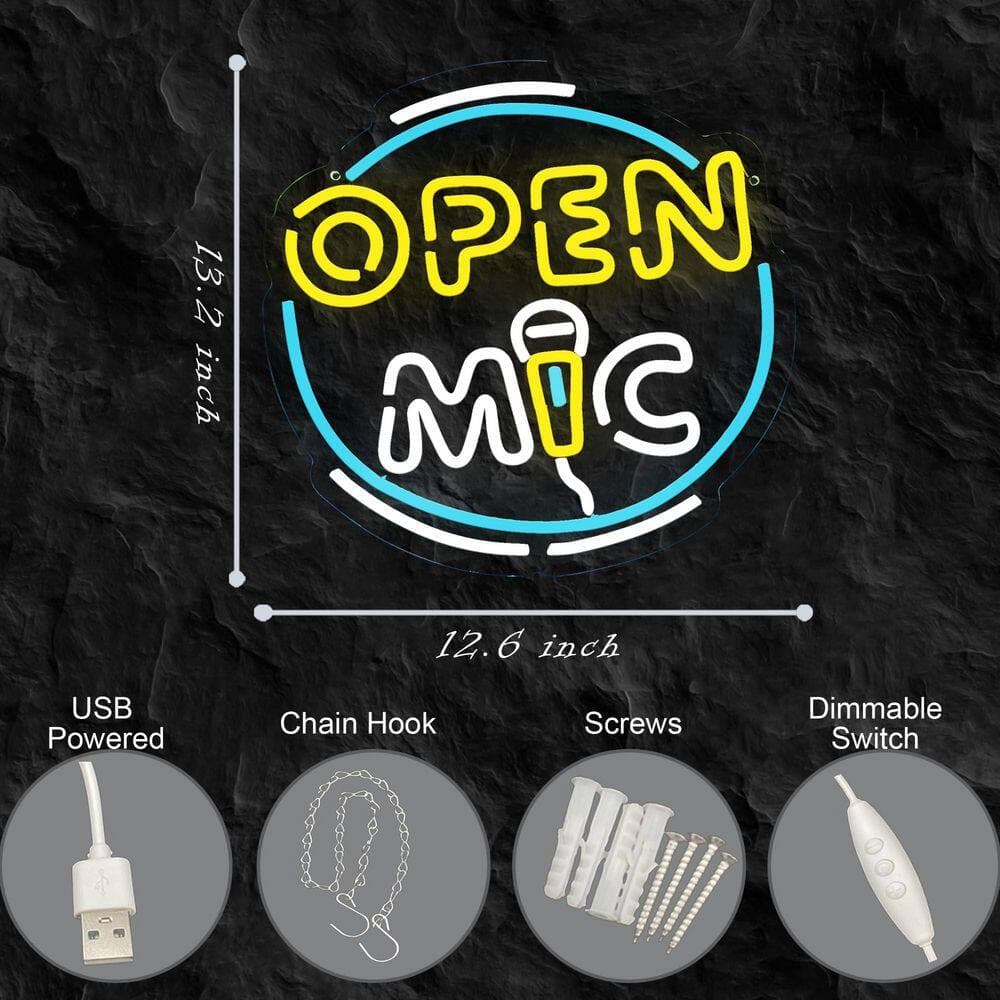 Afoxsos Open Mic Series LED Neon Light Acrylic Wall Sign Music Microphone Neon Flex Home Bar Karaoke Studio Party Decor (3)