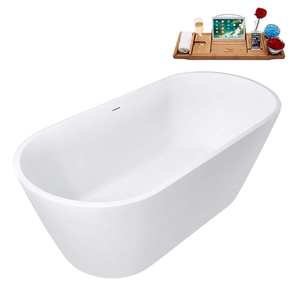 Streamline 59 in. x 30 in. Acrylic Freestanding Soaking Bathtub in Glossy White with Polished Chrome Drain, Bamboo Tray (3)