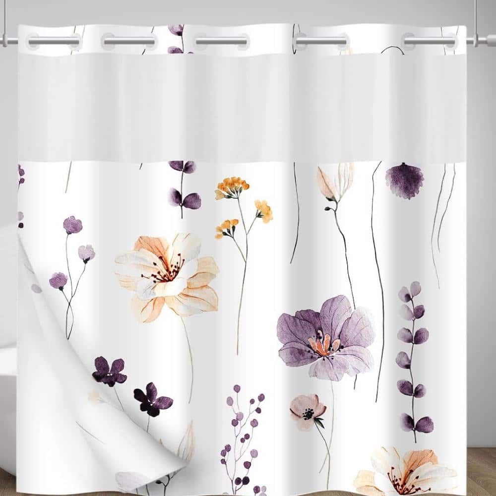 Unbranded Floral No-Hook Shower Curtain with Snap-In Liner,Plum Flower