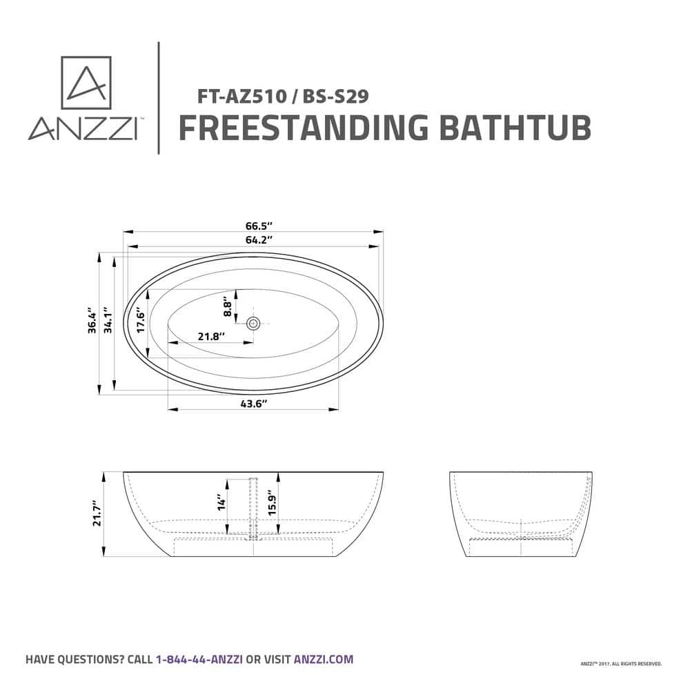ANZZI Hangiri 67 in L x 36 in W Stone Resin Flatbottom Freestanding Bathtub in Matte White (3)