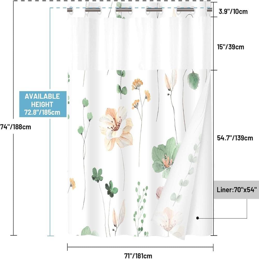 Unbranded Floral No-Hook Shower Curtain with Snap-In Liner,Sage Green (2)
