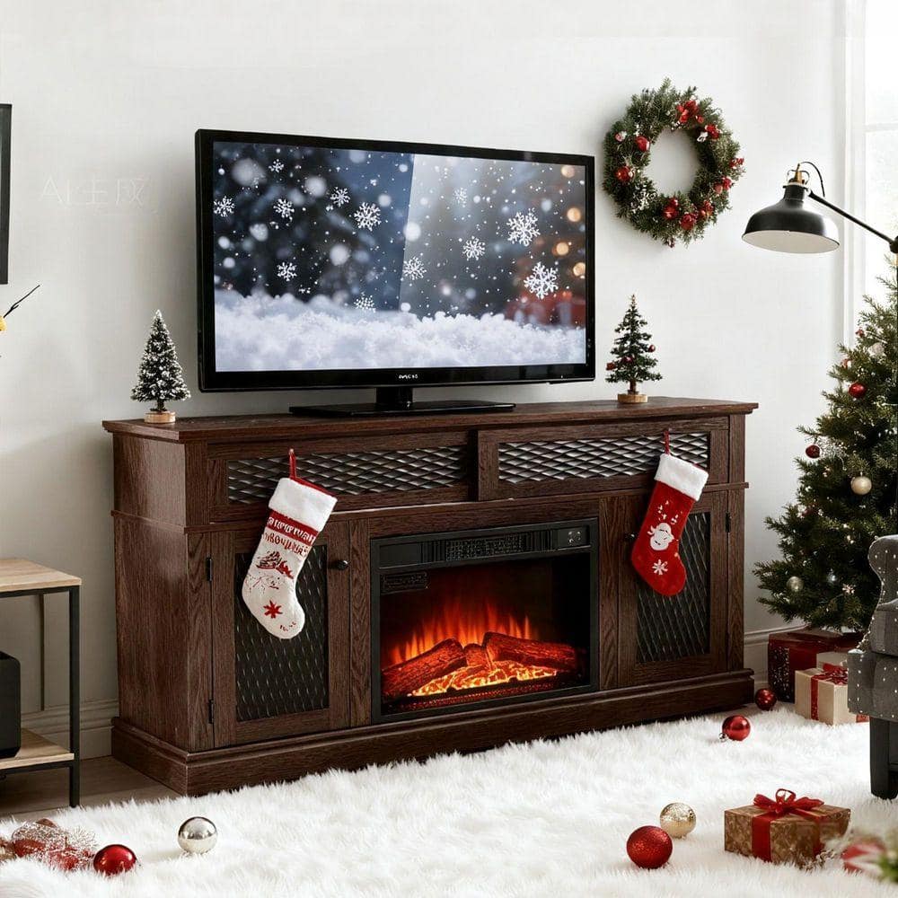 SUNRINX Farmhouse 58 in. Freestanding Wood Electric Fireplace TV Stand with Embossed Doors and Storage in Cherry (1)