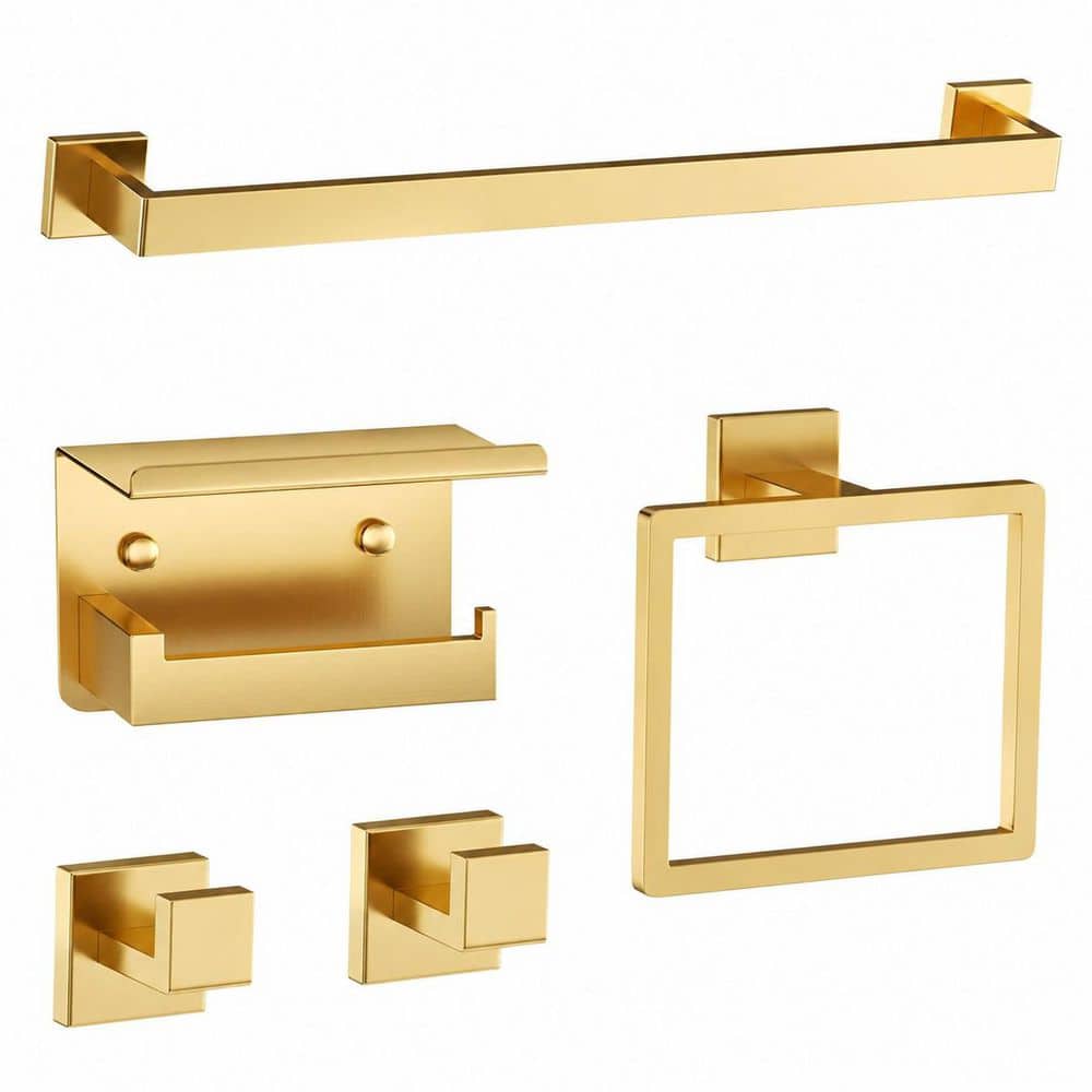 KHKFY 5-Piece Brushed Gold Bathroom Hardware Set with Stainless Steel Wall-Mounted Towel Bar, 23.6 in. (1)