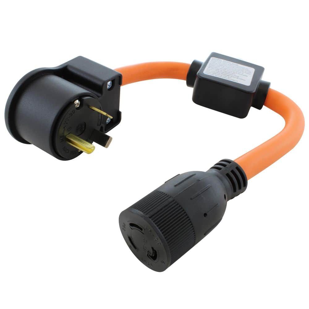 AC WORKS 30A RV Trailer TT-30P Plug to 20A L5-20 Connector with 20A Inline Breaker 1.5 ft. 10/3 STW Indoor/Outdoor Cord in Orange (1)