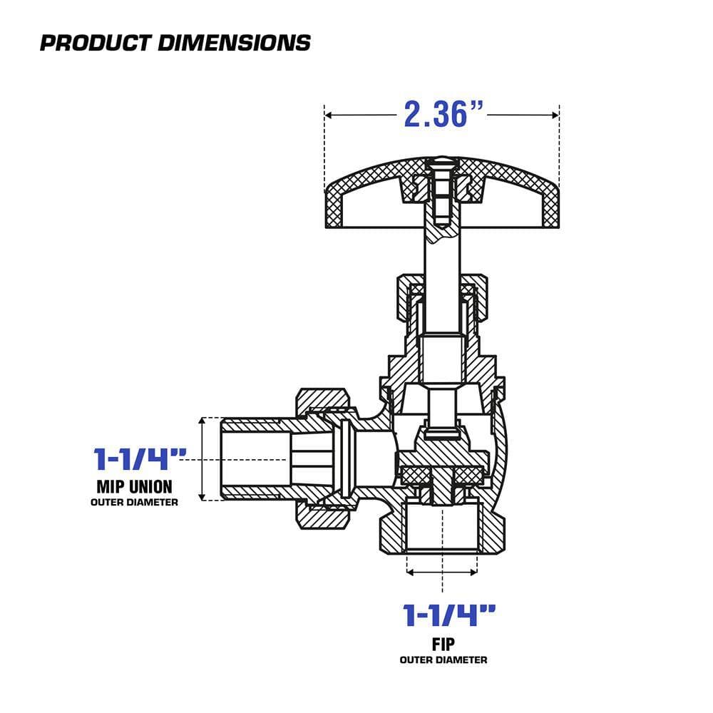 PLUMBFLEX 1-1/4 in. Heavy Duty Brass Steam Angle Radiator Valve FIP Male Union, with Molded Thermal Plastic Handle (3)