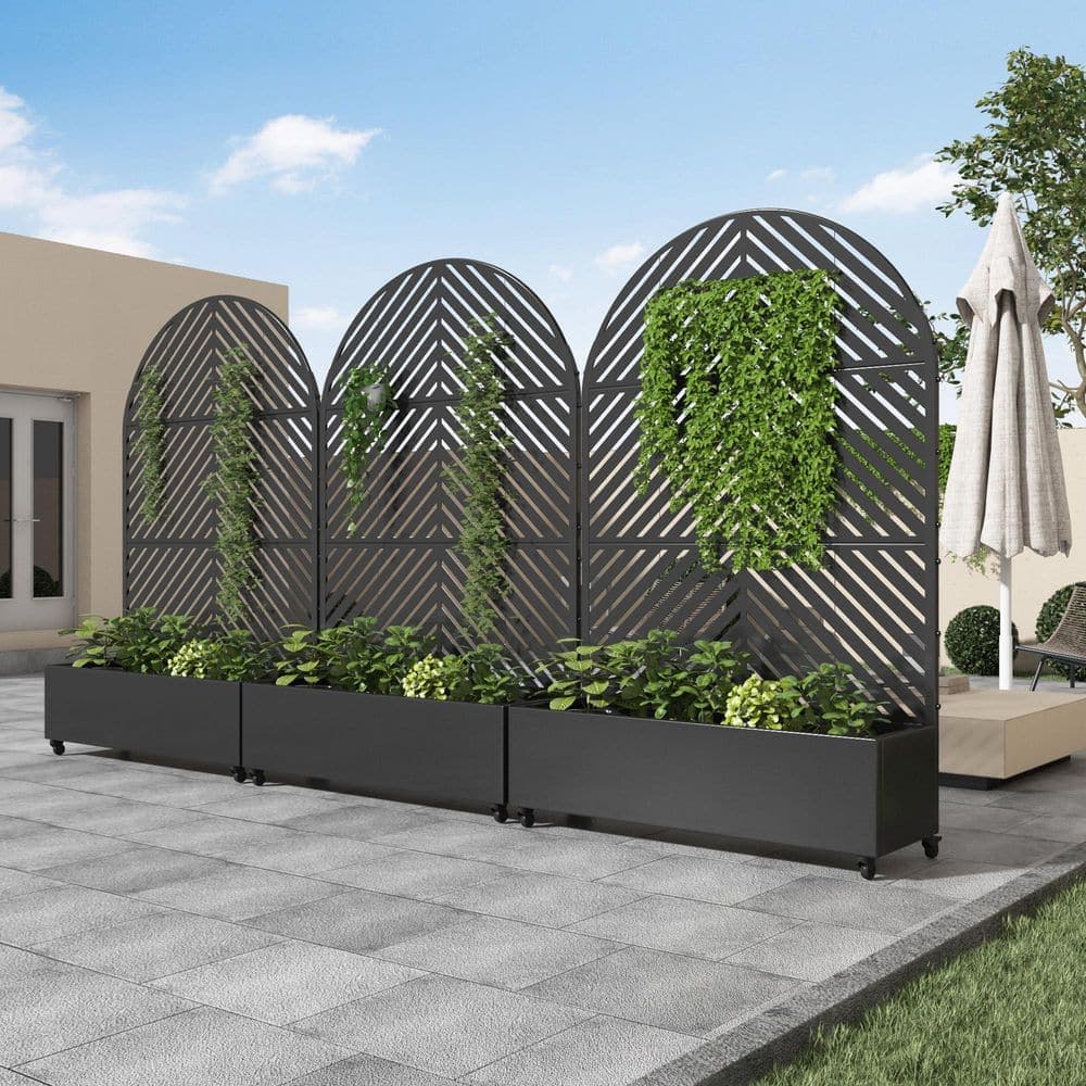 Lumioca 71.37 In. H x 46.8 In. W Black Metal Arch Outdoor Raised Garden Bed With parallel lines Climbing Frame Wall Decor. (3)