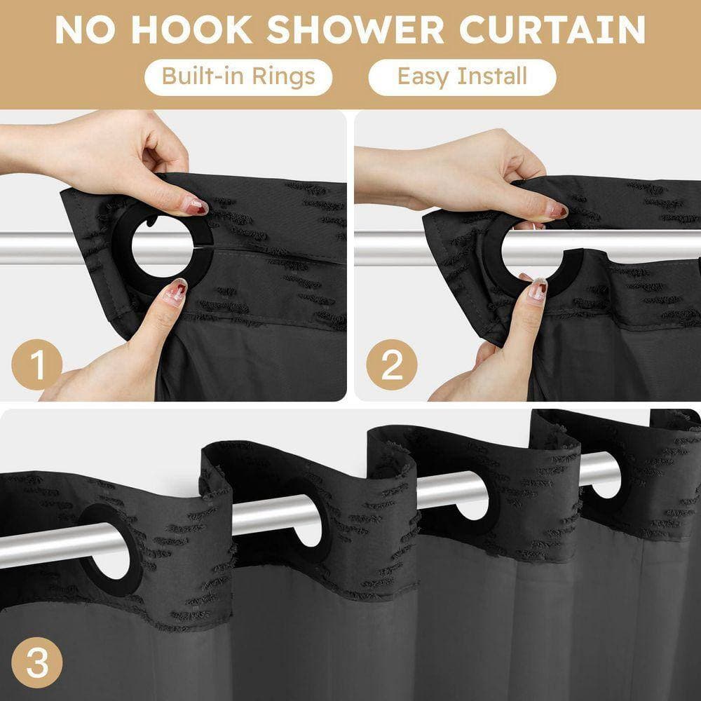 Unbranded 71 in. W x 74 in. L Fabric Shower Curtain with Liner Tufted Chevron Pattern Waterproof Mesh Window Black (2)