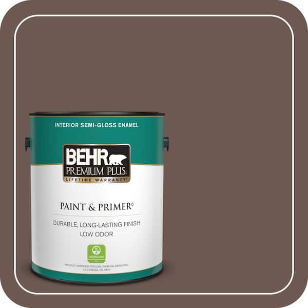 BEHR PREMIUM PLUS 1 gal. #N180-7 Oiled Teak Semi-Gloss Enamel Low Odor Interior Paint & Primer (2)