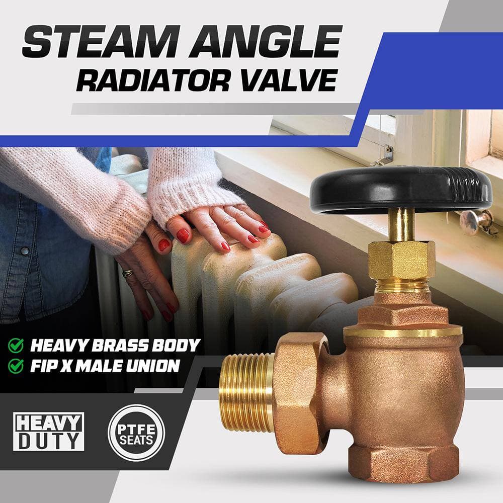 PLUMBFLEX 1-1/2 in. Heavy Duty Brass Steam Angle Radiator Valve FIP x Male Union, with Molded Thermal Plastic Handle (2)