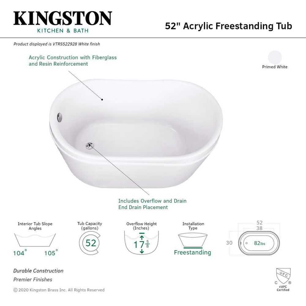 Kingston Brass Aqua Eden 51.8 in. x 29.94 in. Freestanding Soaking Bathtub with Reversible Drain in Glossy White (3)