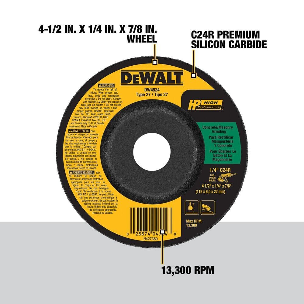 DEWALT 4-1/2 in. x 1/4 in. x 7/8 in. Concrete/Masonry Grinding Wheel (1)