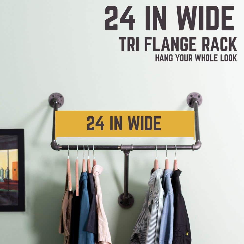 PIPE DECOR 1/2 in. x 2 ft. L Black Pipe Tri-Flange Wall Mounted Clothing Rack Kit (3)