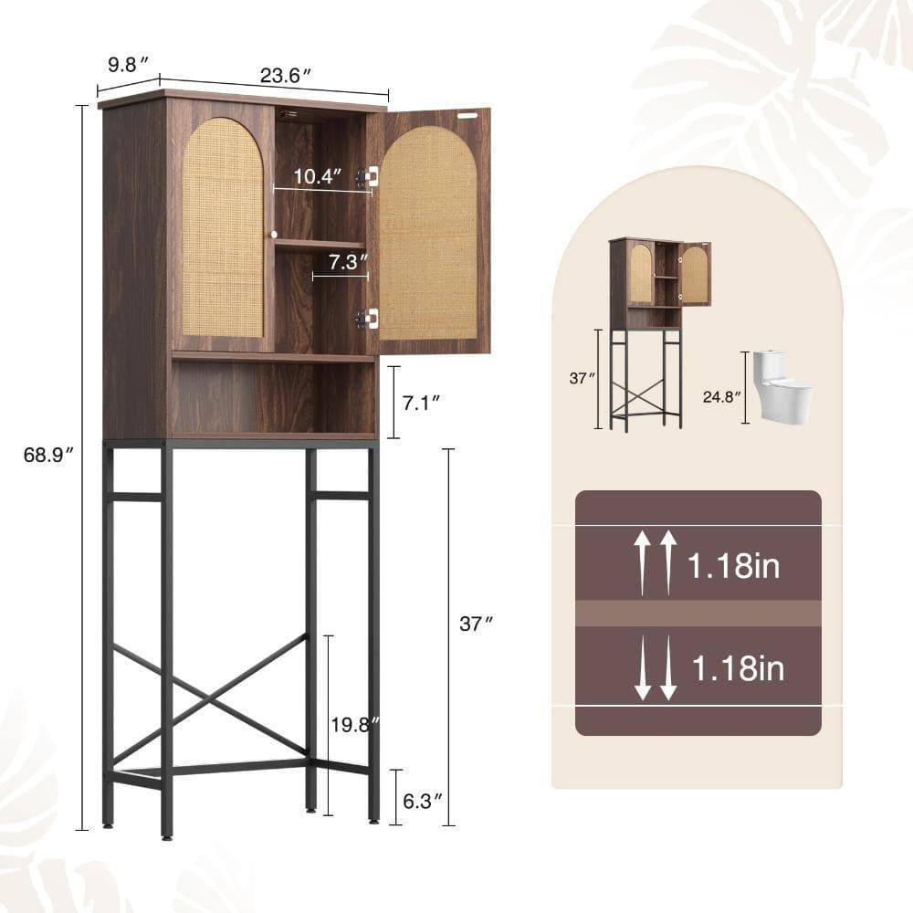 Whatseaso 23.6 in. W x 68.9 in H x 9.8 in. D Wood in Brown Over The Toilet Storage Cabinet with Adjustable Shelf (2)