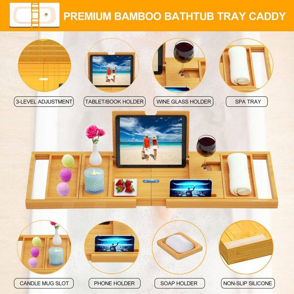Numhew Bamboo Bathtub Tray Bathroom Tray with Adjustable Design in Natural for Bathroom Tub Table and Relaxation Storage (3)