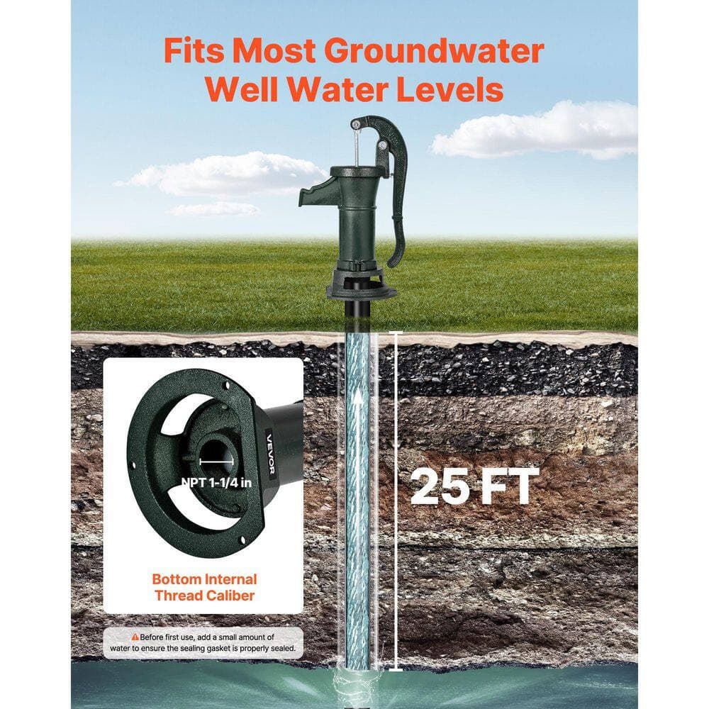 VEVOR Well Hand Pitcher Pump, 25 ft. Maximum Lift, Antique Cast Iron Manual Hand Water Pump, NPT 1-1/4 in Connection, Green (2)
