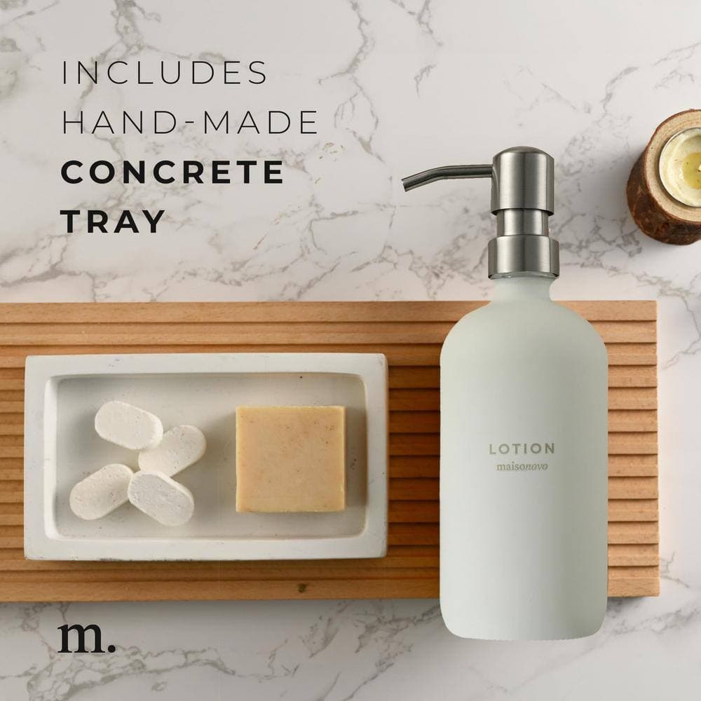 Adrinfly 2-Pieces, Glass Hand Soap and Lotion Dispenser with Hand Made Concrete Tray in White Bottles and Silver Pumps (3)