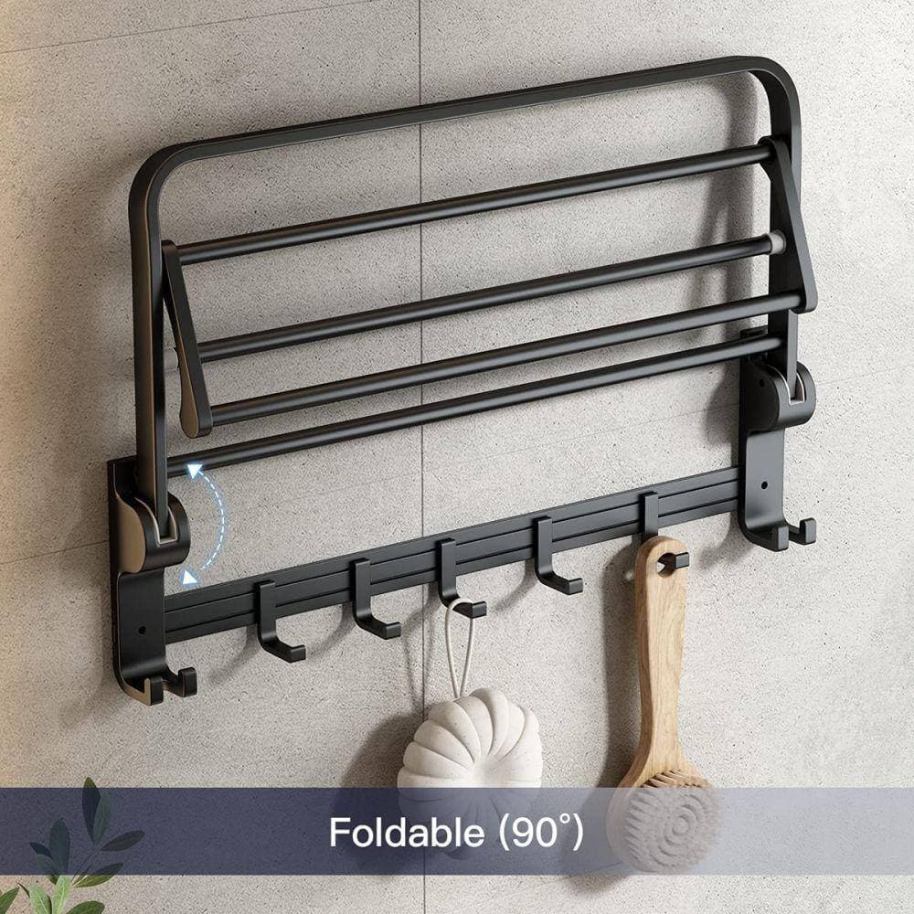 Dracelo 24 in. Wall-Mounted Aluminum Towel Rack with Towel Bar Holder Foldable Towel Shelf and Movable Hooks in Matte Black (3)