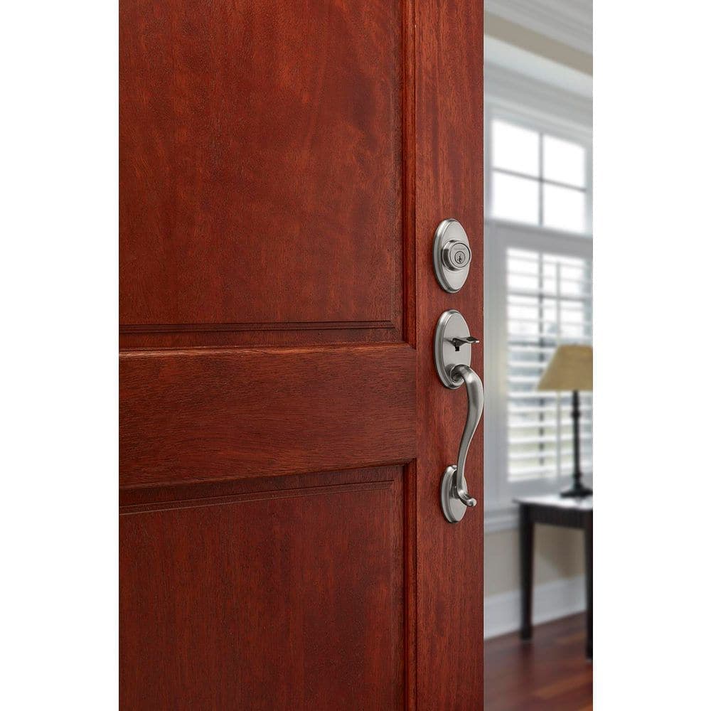 Kwikset Shelburne Satin Nickel Single Cylinder Keyed Entry Door Handleset with Tustin Handle Featuring Smartkey Security (2)