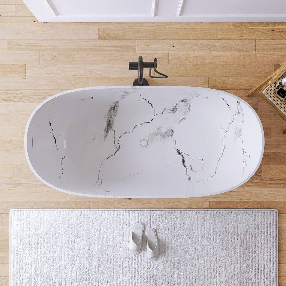 MEDUNJESS 63 in. x 30 in. Stone Resin Solid Surface Flatbottom Freestanding Soaking Bathtub in White with Marble Water Transfer (3)