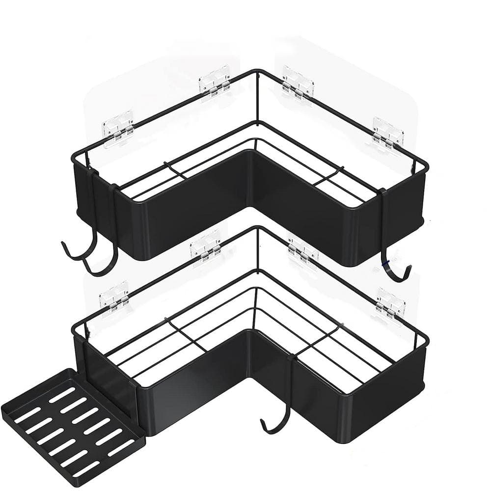 YASINU Wall Mount Adhesive Corner Shower Caddy Set with Soap Holder and 4-Hooks in Black (1)