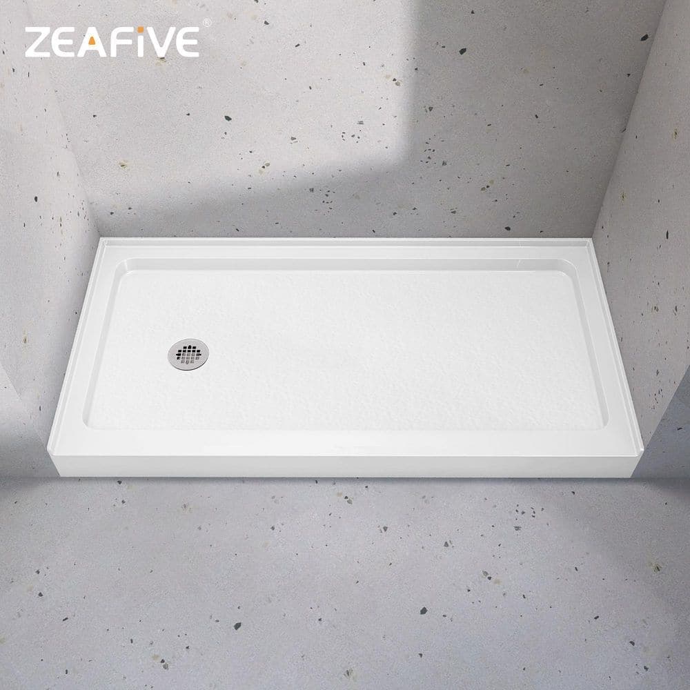 Zeafive Zeno 60 in. L x 30 in. W Alcove Shower Pan Base with Left Drain in White Non-slip Single Threshold Shower Bathroom Tray (1)