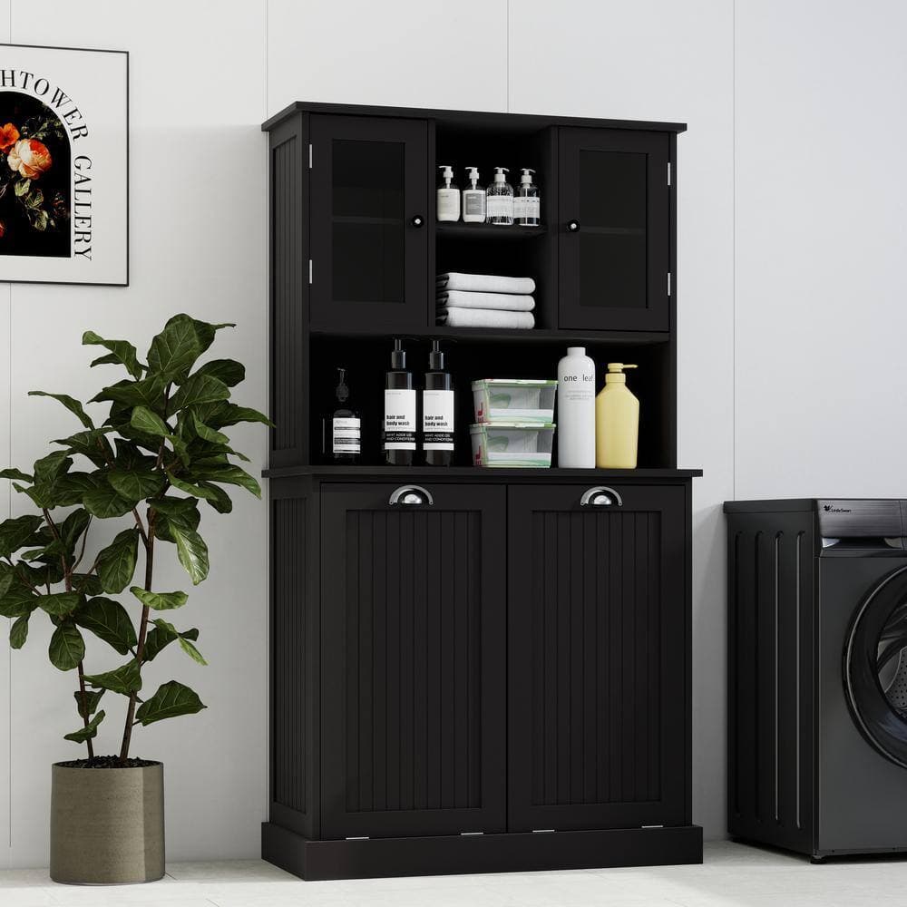 COWLOWN 32.68 in. W x 14.57 in. D x 59.69 in. H Black Linen Cabinet Two-Compartment Tilt-Out Dirty Laundry Basket (2)