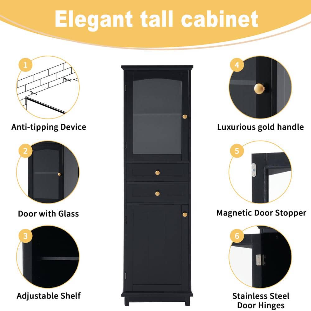 Unbranded 17.76 in. W 14.21 in. D 62.99 in. H Freestanding Bathroom Linen Cabinet with Glass Doors, Adjustable Shelves (3)