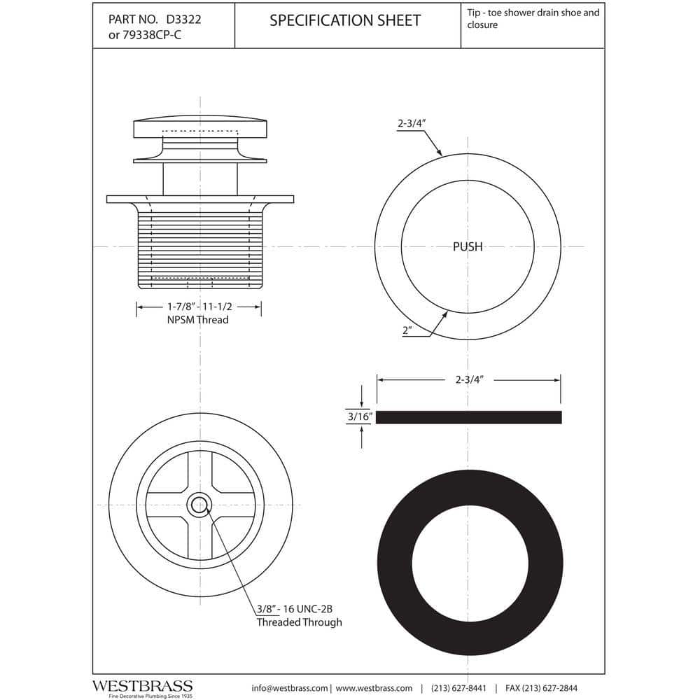 Westbrass 3 in. Tip-Toe Bath Drain and Stopper- Coarse Thread (3)