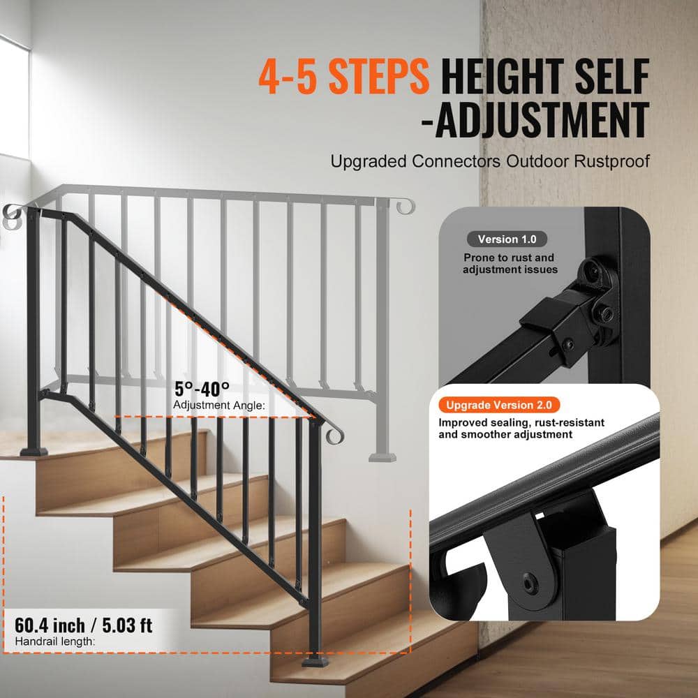 VEVOR Handrails for Outdoor Steps 4-5 Step Stair Hand Rail Kit Carbon Railings 38.98 in. H 3.31 in. W (3)