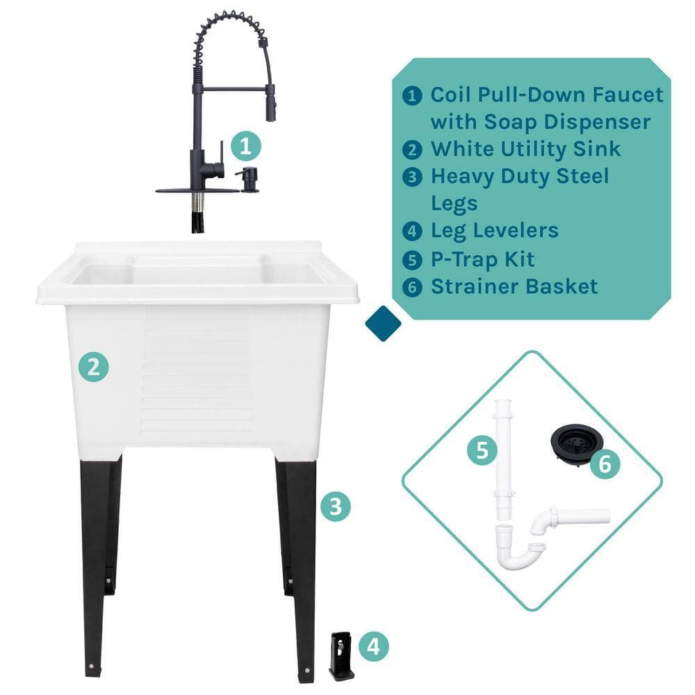TEHILA 25 in. x 21.5 in. ABS Plastic Freestanding Utility Sink in White - Black Hi-Arc Coil Faucet, Soap Dispenser (2)