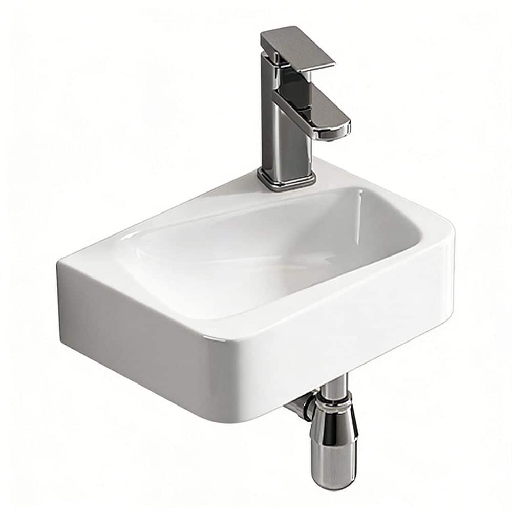 cadeninc 14.18 in. x 10.24 in. White Ceramic Rectangular Wall Mounted Bathroom Sink with Faucet and Drain (1)