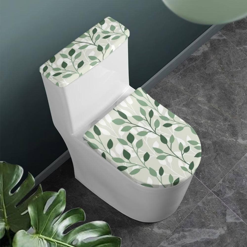 Unbranded Two-Piece Polyester Toilet Lid and Tank Dust Covers for Round/Elongated Lids, 21 x 15 in, Green Leaves (2)