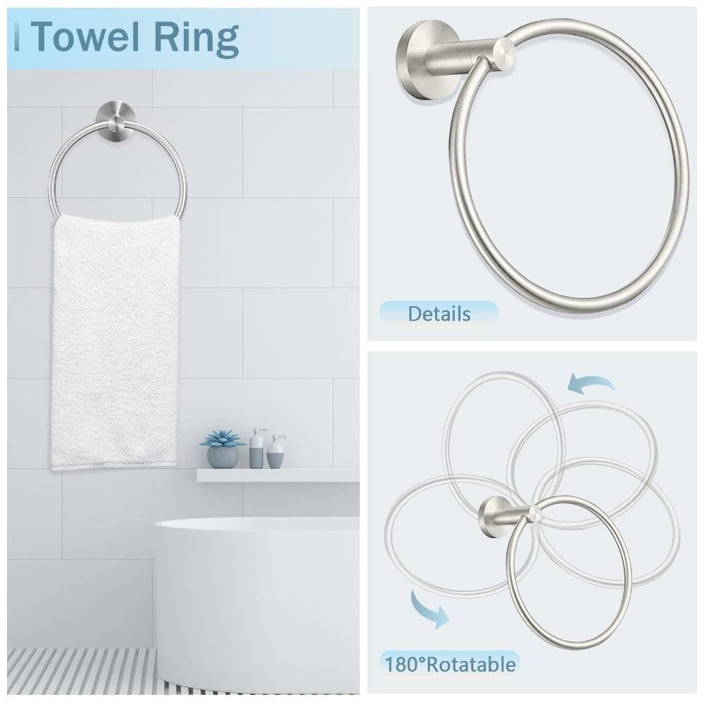Unbranded 10-Piece Wall Mount 24 in. Brushed Nickel Bathroom Hardware Set Towel Bar Ring Paper Holder Robe Hook (3)