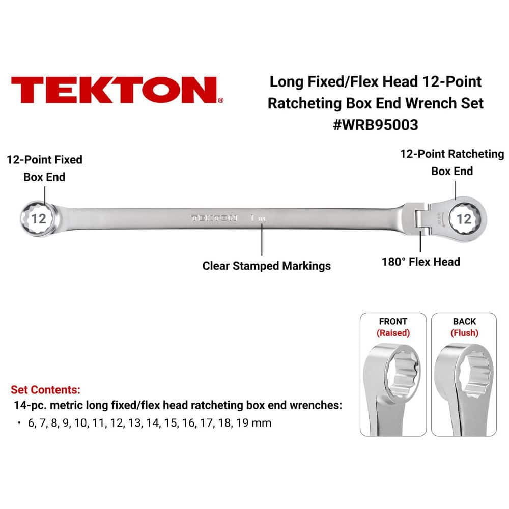 TEKTON Long Fixed/Flex Head 12-Point Ratcheting Box End Wrench Set, 14-Piece (6-19 mm) (2)