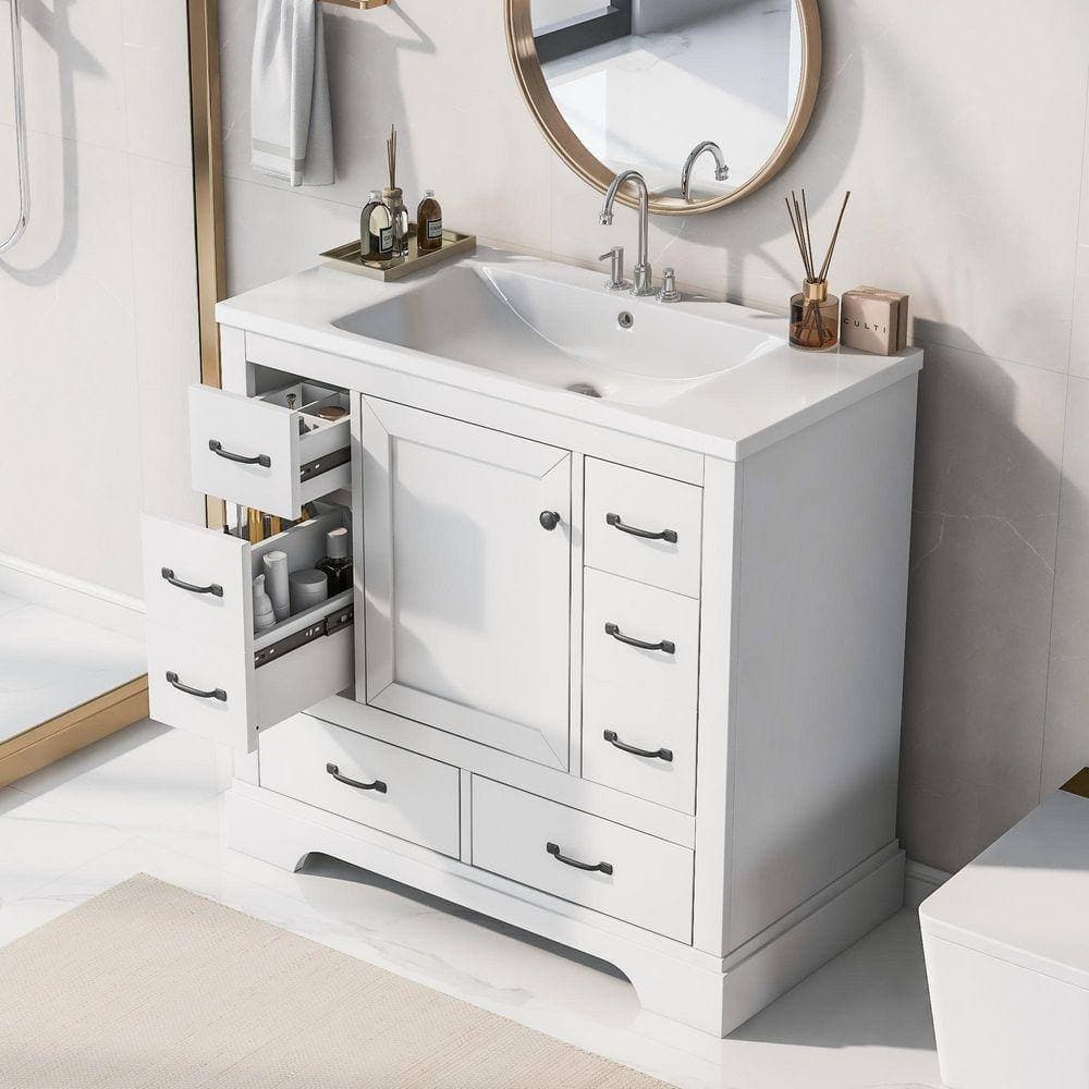 Cesicia 35.5 in. W 17.9 in. D 33 in. H Bath Vanity Cabinet without Top with Six Drawers and Adjustable Shelf (2)