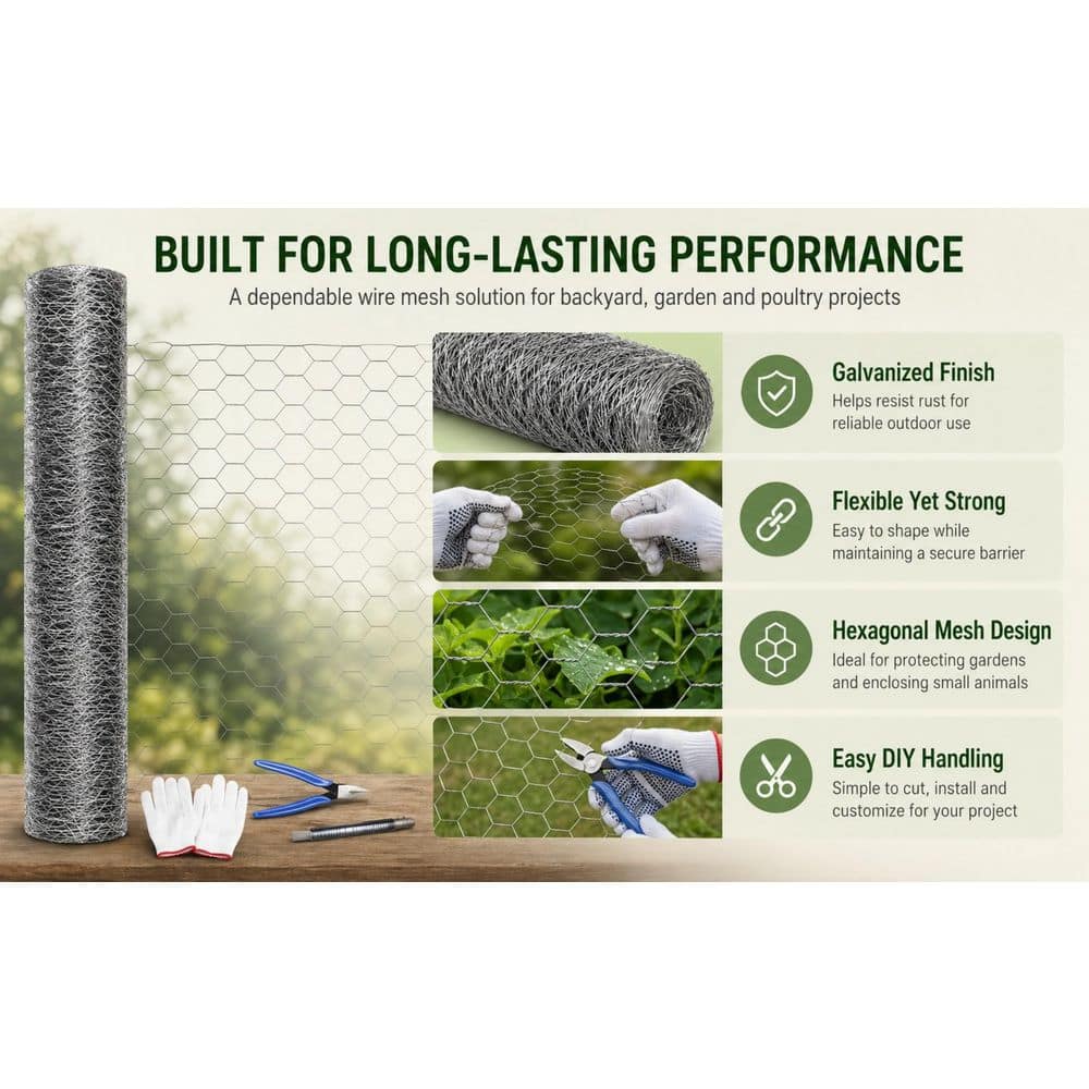 Tidoin 3 ft. x 100 ft. 21-Gauge Galvanized Metal Rust-Resistant Hexagonal Mesh Garden Net (3)