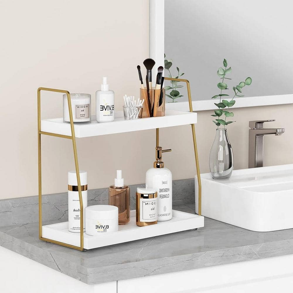Adrinfly Countertop Bathroom Trays Organizer with Vanity Storage in White and Gold 2-Tier, Wooden (3)