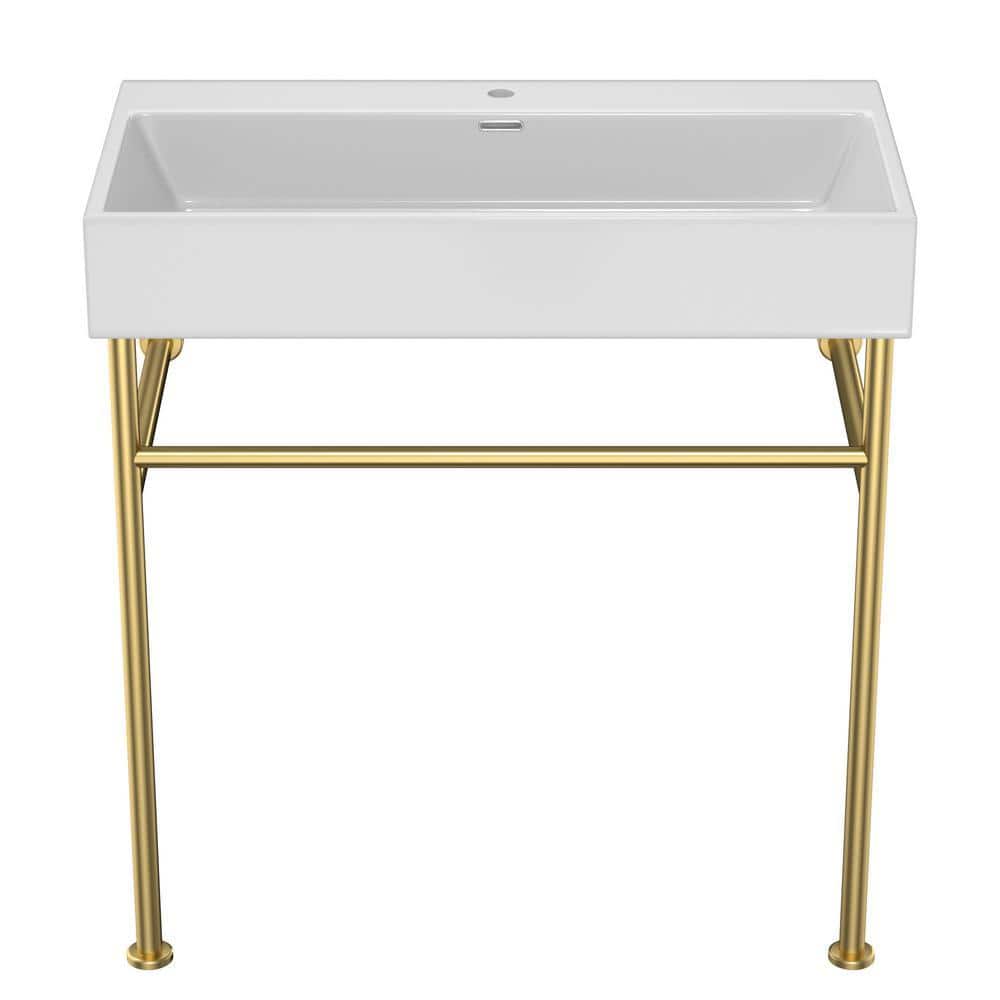 Zeus & Ruta Ceramic White Single Bowl Console Sink with Basin and Leg