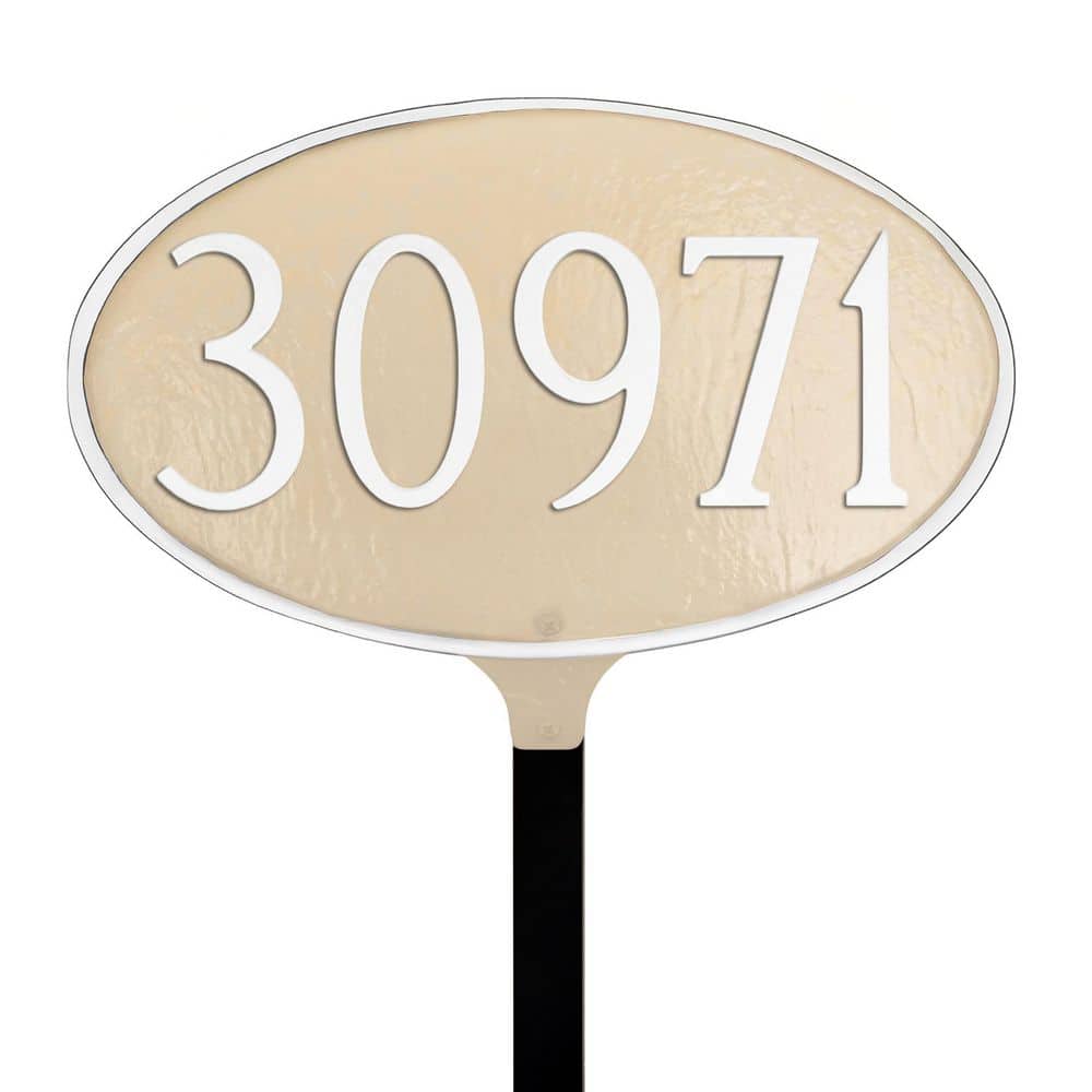 Montague Metal Products Classic Oval Small Address Sign Plaque with Lawn Stake - Taupe/White (1)