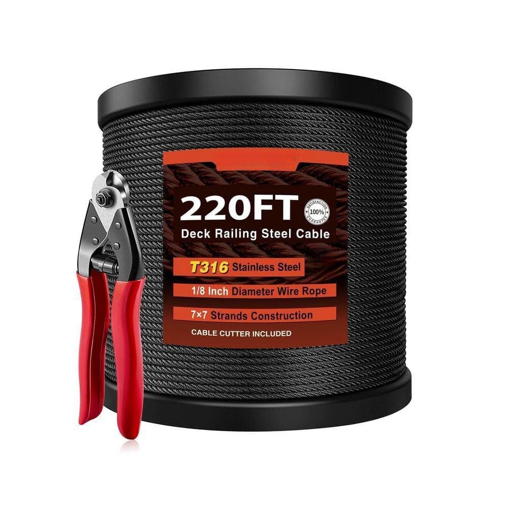 KIWDZFU Marine Grade Stainless Steel Wire Rope for Cable Railing System 7 x 7 Strands 1/8 Black Finish with Wire Cutter 220 ft. (1)