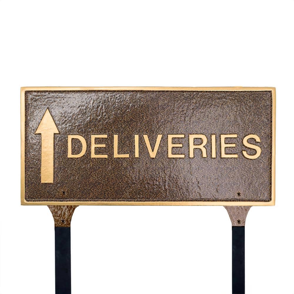 Montague Metal Products 7.25 in. x 15.25 in. Deliveries with Up Arrow Standard Rectangle Statement Plaque with Lawn Stakes - Hammered Bronze