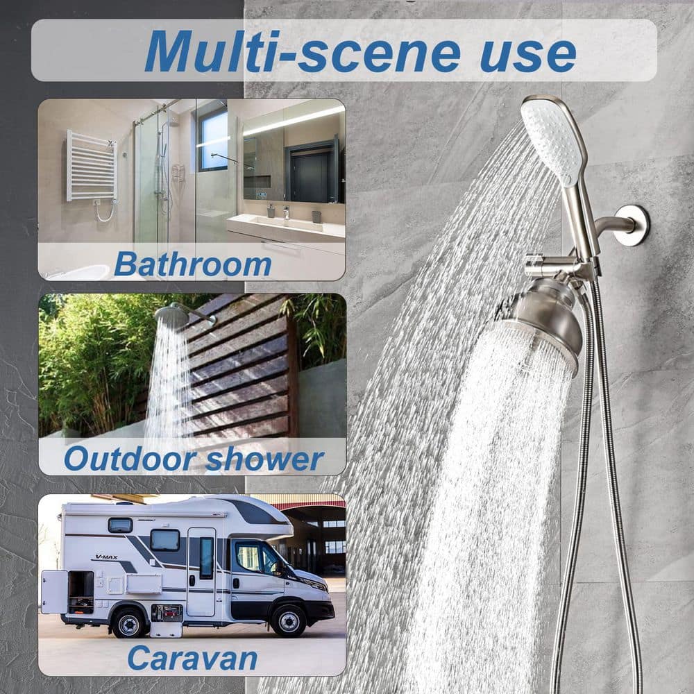 Helhom 3 Way Shower Diverter Valve with Hand Shower Holder in Brushed Nickel, G1/2 Shower Head Splitter, Shower Arm Diverter (3)