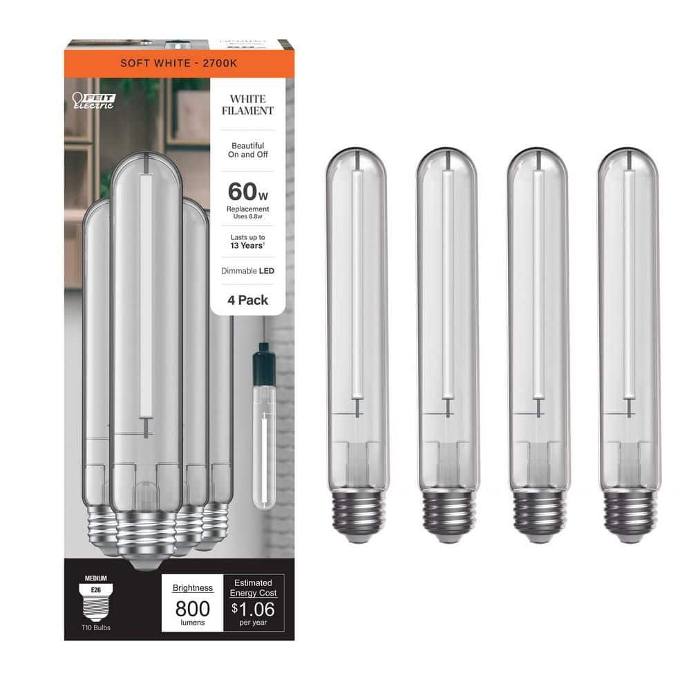 Feit Electric 60W Equivalent T10L Dimmable Straight White Filament Clear E26 Vintage Edison LED Light Bulb, Soft White 2700K (4-Pack) (2)