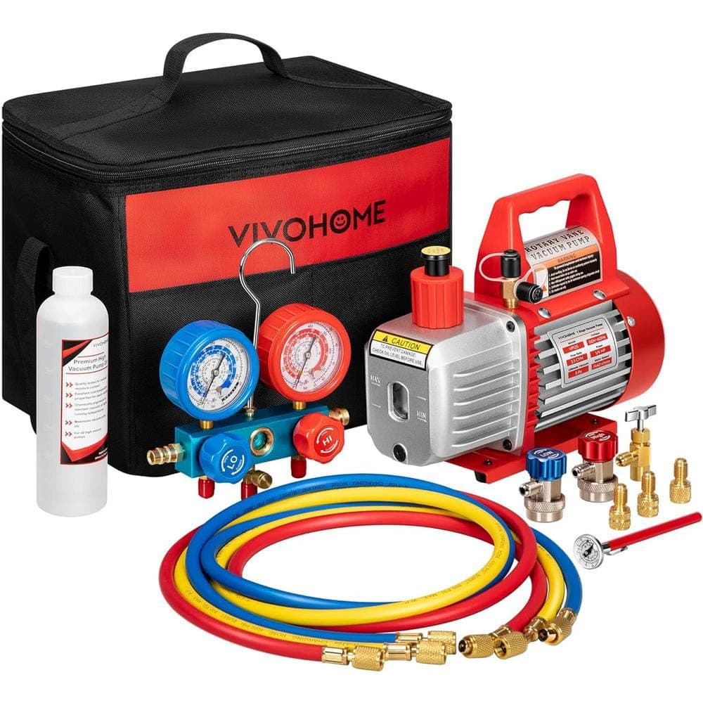 VIVOHOME 110-Volt 1/4 HP 3.5 CFM Single Stage Rotary Vane Air Vacuum Pump and R134a AC Manifold Gauge Set with Thermometer in Red (1)