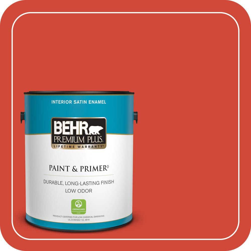 BEHR PREMIUM PLUS 1 gal. #P180-7 Top Tomato Satin Enamel Low Odor Interior Paint & Primer