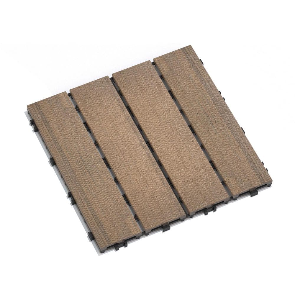 Unbranded 1 ft. x 1 ft. Oak Patio Floor Tiles Pack of 11 WPC Wood-Plastic Composite Patio DIY Interlocking Decking Tiles