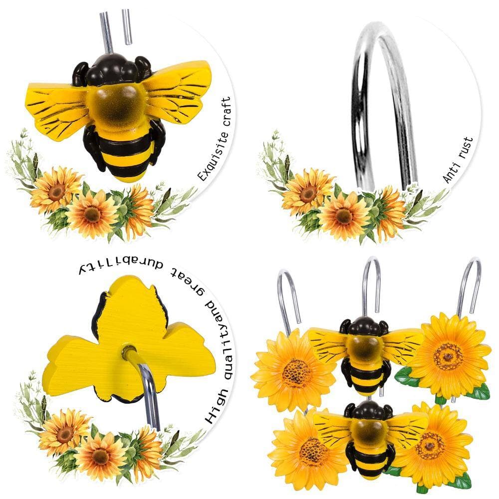 Unbranded Summer Bee and Sunflower Resin Decorative Shower Curtain Hooks Rings for Bathroom 3 Designs 12 Piece (3)