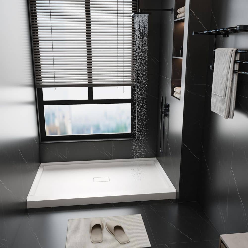 YINVANI 60 in. L x 32 in. W Single Threshold Alcove SMC Shower Pan Base in White with Centre Drain (2)