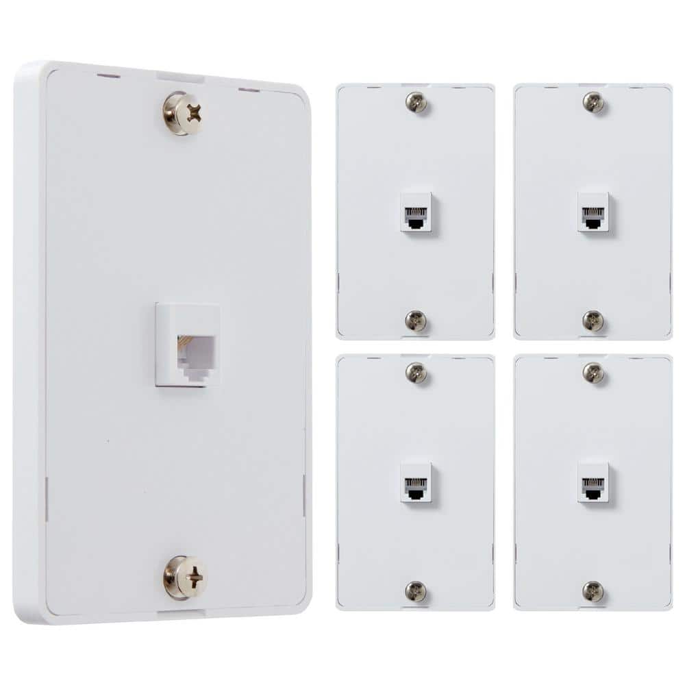 Newhouse Hardware White 1-Gang Telephone Data Jack for Phones Mounted on a Wall, 6P4C, for RJ11 Connection, Single Port (5-Pack)